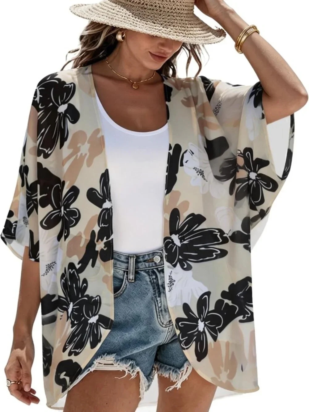 Floral Print Puff Sleeve Kimono Cardigan | Casual Loose Cover-Up Blouse Tops